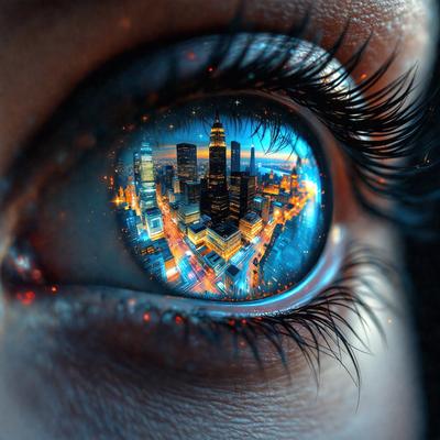 The primary subject of the image is a person's eye, which is reflecting a cityscape. The setting is a city, with tall buildings and a busy street visible in the reflection. The visual style is a close-up of the eye, creating a unique perspective on the urban landscape. The colors and mood of the image are vibrant and lively, capturing the essence of a bustling city.